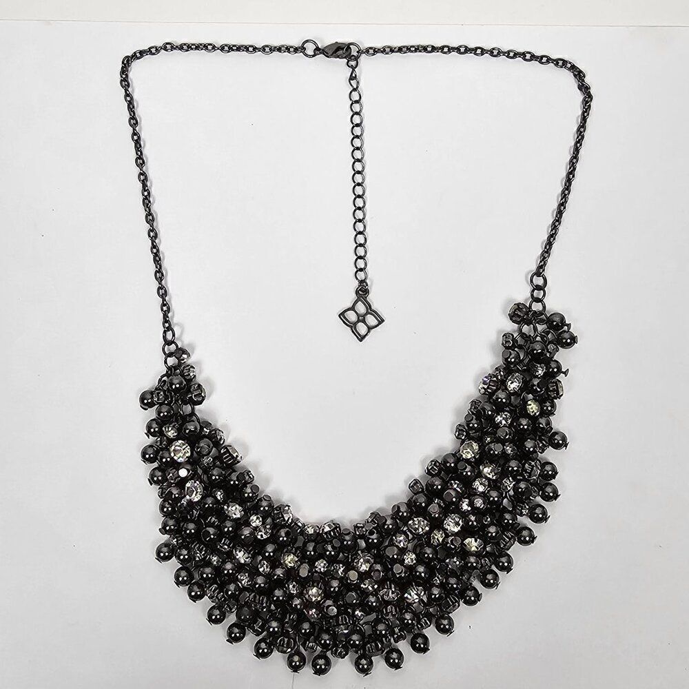 BCBGMaxAzria Statement Necklace Bead Bib Chunky Gunmetal Tone Crystal Rhinestone - Picture 2 of 9